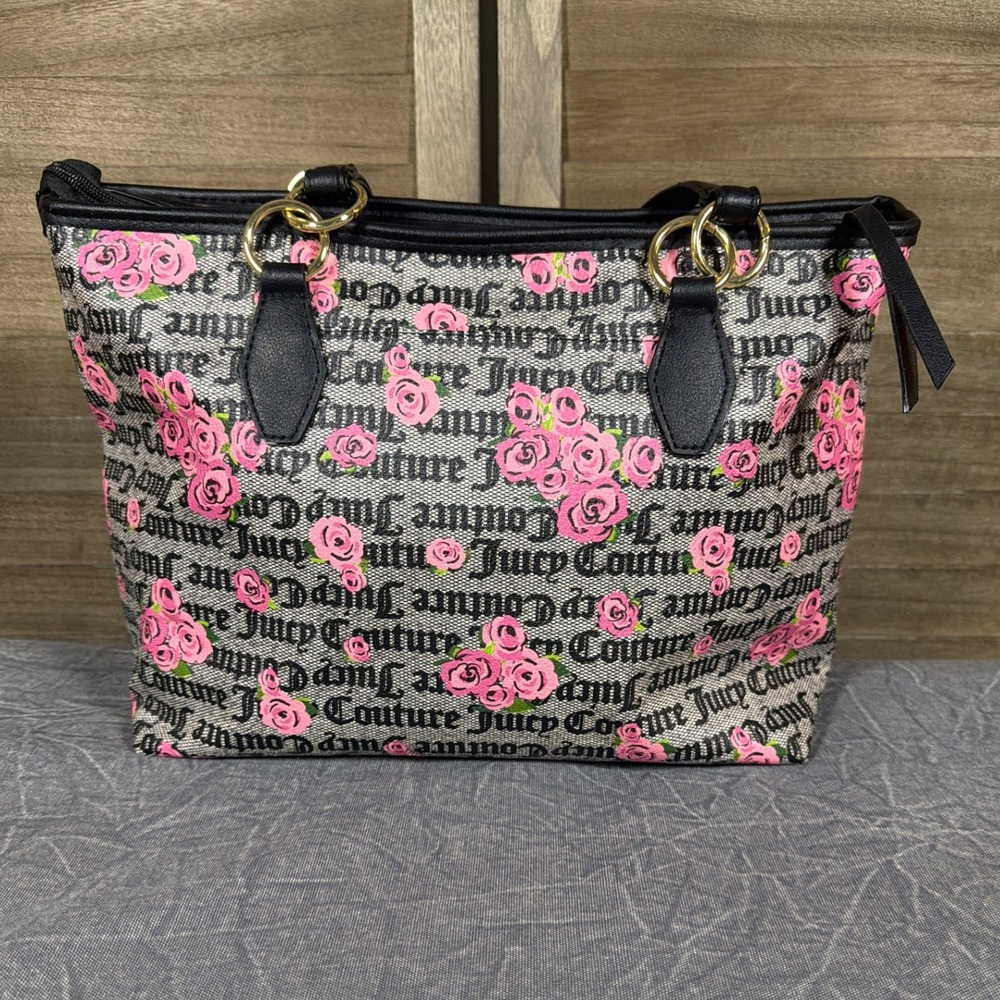 Juicy Couture Day to Date Tote Bag Pink Bloom Black Floral Monogram Shopper NEW - Picture 3 of 10